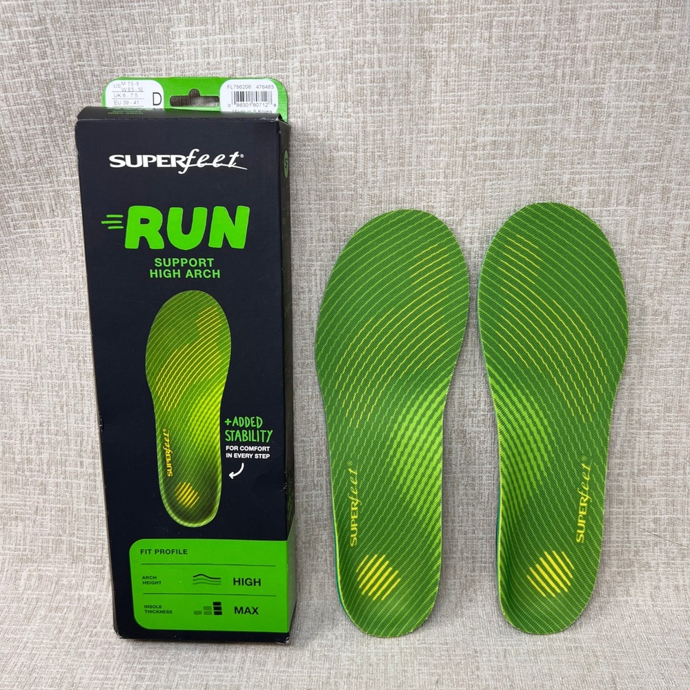 Superfeet Run Support High Arch Insoles Green Size D Mens 7.5-9 Womens 8.5-10